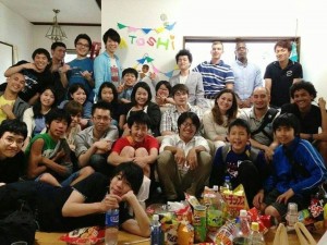The mission team gathering with a group of Japanese students